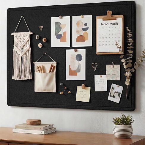 AKTOP Bulletin Board, 24" x 16" Foldable Felt Notice Pin Board for Wall, Decorative CorkBoard Photo Display Board with Self-Adhesive Tape, Vision Board Cork Board Alternative with 25 Pushpins - Black in Saudi Arabia