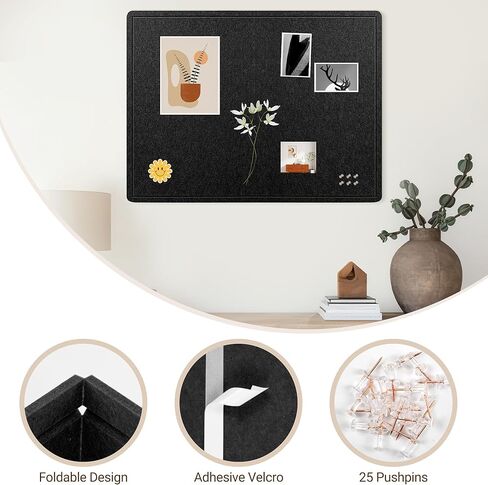 AKTOP Bulletin Board, 24" x 16" Foldable Felt Notice Pin Board for Wall, Decorative CorkBoard Photo Display Board with Self-Adhesive Tape, Vision Board Cork Board Alternative with 25 Pushpins - Black in Saudi Arabia