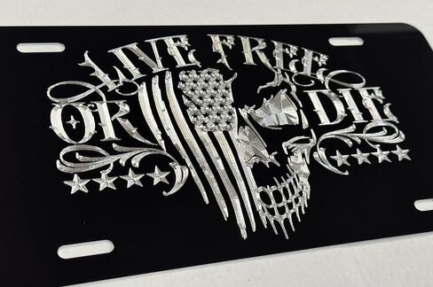 US Flag Live Free OR DIE Skull Patriotic Car Tag Diamond Etched License Plate, Black in Saudi Arabia