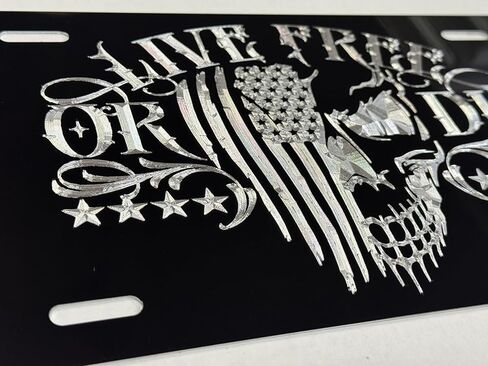 US Flag Live Free OR DIE Skull Patriotic Car Tag Diamond Etched License Plate, Black in Saudi Arabia