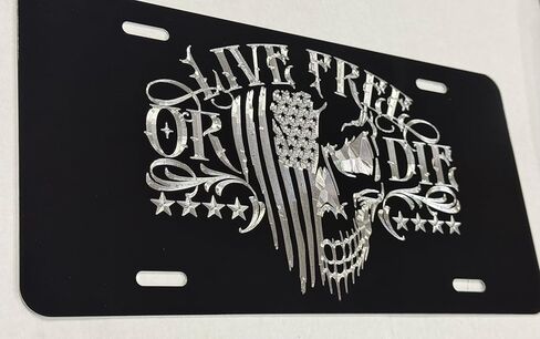 US Flag Live Free OR DIE Skull Patriotic Car Tag Diamond Etched License Plate, Black in Saudi Arabia