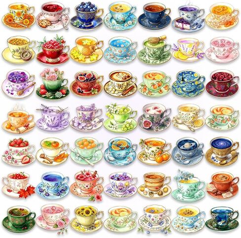 50PCS Watercolor Teacup Clear PET Stickers, Vintage Floral Tea Cup Transparent Die-Cut Decals, Aesthetic Waterproof Stickers for Journal Scrapbook Planner Laptop Water Bottle DIY Decor in Kuwait