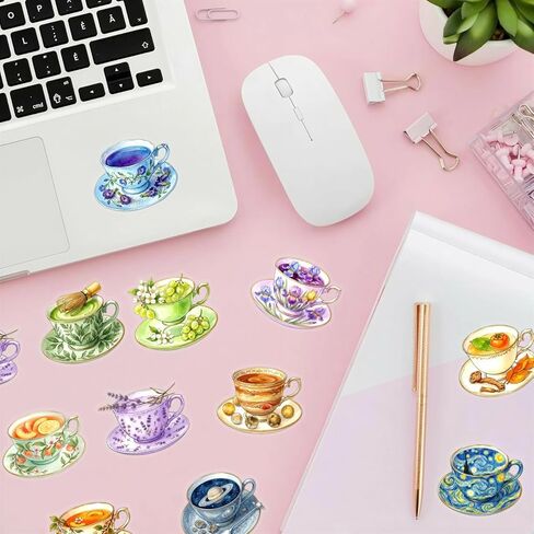 50PCS Watercolor Teacup Clear PET Stickers, Vintage Floral Tea Cup Transparent Die-Cut Decals, Aesthetic Waterproof Stickers for Journal Scrapbook Planner Laptop Water Bottle DIY Decor in Kuwait