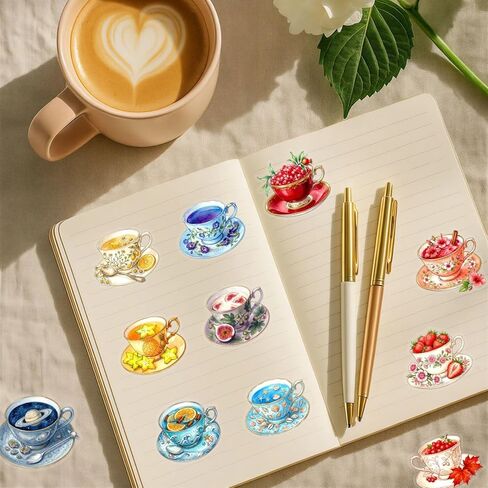 50PCS Watercolor Teacup Clear PET Stickers, Vintage Floral Tea Cup Transparent Die-Cut Decals, Aesthetic Waterproof Stickers for Journal Scrapbook Planner Laptop Water Bottle DIY Decor in Kuwait