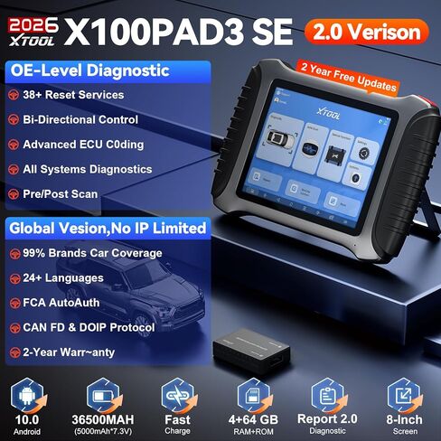 XTOOL X100 PAD3 SE ماسح ضوئي OBD2 ثنائي الاتجاه مدعوم بالذكاء الاصطناعي، أداة فحص النظام بالكامل مع إعادة ضبط 38+، أداة تشخيص ماسح ضوئي للسيارة مع FCA AutoAuth، ECU C0ding، إعادة تعلم مستشعر الكرنك، CANFD/DOIP، تحديث لمدة عامين in Kuwait