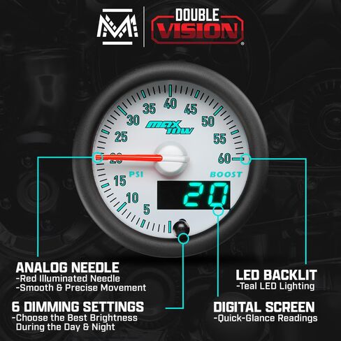 مجموعة قياس MaxTow Match 60 PSI Turbo Boost لشاحنة الديزل دودج رام 5.9 لتر 6.7 لتر الكمون من الجيل الثالث - تتضمن مستشعر ضغط إلكتروني - شاشة عرض مزدوجة مع قراءات تناظرية ورقمية - 2-1/16 بوصة in Kuwait