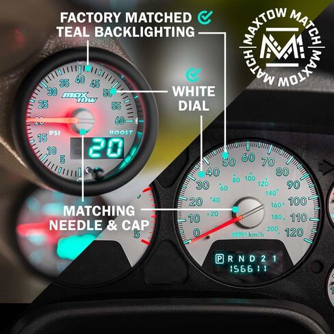 مجموعة قياس MaxTow Match 60 PSI Turbo Boost لشاحنة الديزل دودج رام 5.9 لتر 6.7 لتر الكمون من الجيل الثالث - تتضمن مستشعر ضغط إلكتروني - شاشة عرض مزدوجة مع قراءات تناظرية ورقمية - 2-1/16 بوصة in Kuwait