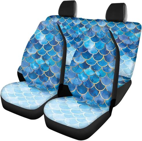 Blue Mermaid Scales Car Seat Covers Full Set Universal Auto Low Back Front Washable Seat Covers Split Bench Rear Seat Protector Easy to Install in Kuwait