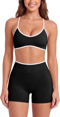 Workout Sets for Women 2 Piece Seamless Color Block Sports Bra High Waist Tummy Control Biker Shorts Gym Yoga Outfits in Saudi Arabia