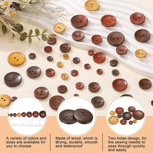 HARFINGTON 10pcs 24L Wooden Sewing Button 5/8"(15mm) 2 Holes Wood Round Craft Replacement Buttons for Clothing DIY Crafts Decoration, Medium Brown in Kuwait