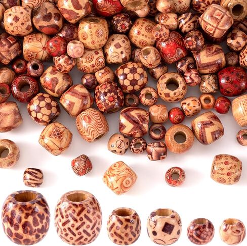 100 قطعة من الخرز الخشبي المطبوع من OIIKI للحرف اليدوية، خرز شعر من الخشب الطبيعي بفتحة كبيرة، حلية فاصل فضفاضة بيضاوية مستديرة عتيقة لقلادة سوار مكرامية يدوية الصنع - نمط عشوائي in Kuwait