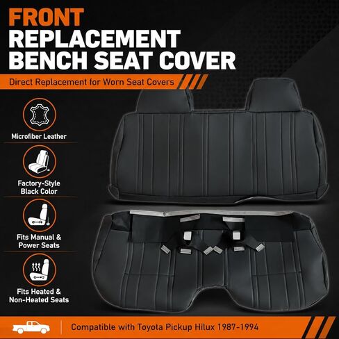 SecosAutoparts Front Bench Seat with Molded Headrest Front Bottom and Top Lean Back Black Leather Seat Covers Compatible with Toyota Pickup Hilux 1987 1988 1989 1990 1991 1992 1993 1994 in Kuwait