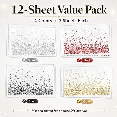 12 Sheets Multi-Color Iron on Rhinestone Transfers, 4 Colors Gold Silver Black Red 2mm & 3.5mm Glitter Hotfix Crystal Decals, Flat Round Diamond Patches for Clothing DIY Crafts Embellishment in Kuwait