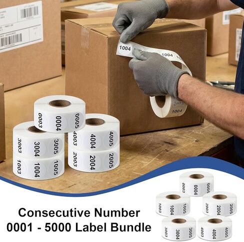5 Rolls Consecutive Number 0001 to 5000 Label Bundle - 5000 PCS 1" White Round Sequential Number Label Stickers for Inventory Counting, Warehouse or Factory, 1000 Count/Roll in Kuwait