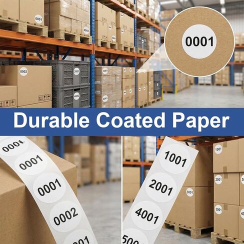 5 Rolls Consecutive Number 0001 to 5000 Label Bundle - 5000 PCS 1" White Round Sequential Number Label Stickers for Inventory Counting, Warehouse or Factory, 1000 Count/Roll in Kuwait