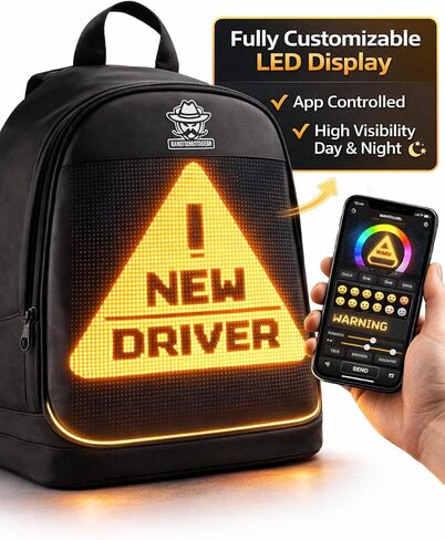 Bandito MotoGear - حقيبة ظهر ذكية LED - حقيبة ظهر مضادة للماء للكمبيوتر المحمول والدراجات النارية مع شاشة قابلة للبرمجة وشحن USB-C وقفل مضاد للسرقة ورسوم متحركة مخصصة للتطبيق - حقيبة سفر مقاس 17 بوصة in Kuwait