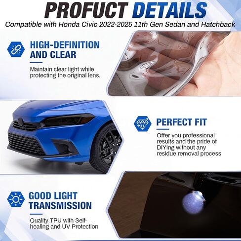 طقم إضاءة أمامية مدخنة وضوء خلفي من مادة TPU متوافق مع Honda Civic 2022-2025 الجيل الحادي عشر من سيدان هاتشباك مسبق القطع، طبقة تراكب معتمة مقاس 59 بوصة لضوء ذيل السيارة DIY in Kuwait