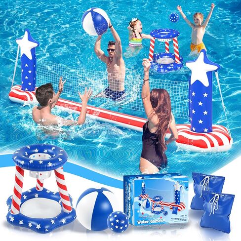 4th of July Pool Toys Games Set, 3 in 1 Inflatable Volleyball Net & Basketball Hoop, Large Water Floating Volleyball Toy Summer Party for Kids Teens Adults, American Flag 250th Anniversary in Saudi Arabia
