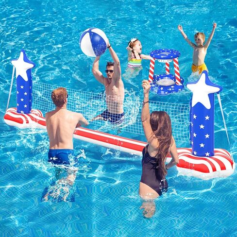 4th of July Pool Toys Games Set, 3 in 1 Inflatable Volleyball Net & Basketball Hoop, Large Water Floating Volleyball Toy Summer Party for Kids Teens Adults, American Flag 250th Anniversary in Saudi Arabia