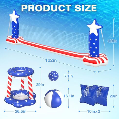 4th of July Pool Toys Games Set, 3 in 1 Inflatable Volleyball Net & Basketball Hoop, Large Water Floating Volleyball Toy Summer Party for Kids Teens Adults, American Flag 250th Anniversary in Saudi Arabia