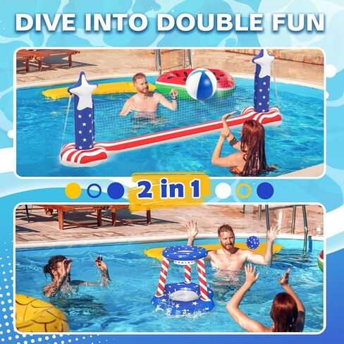 4th of July Pool Toys Games Set, 3 in 1 Inflatable Volleyball Net & Basketball Hoop, Large Water Floating Volleyball Toy Summer Party for Kids Teens Adults, American Flag 250th Anniversary in Saudi Arabia