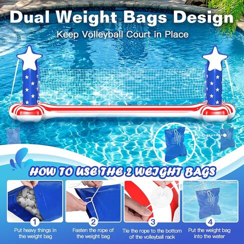 4th of July Pool Toys Games Set, 3 in 1 Inflatable Volleyball Net & Basketball Hoop, Large Water Floating Volleyball Toy Summer Party for Kids Teens Adults, American Flag 250th Anniversary in Saudi Arabia