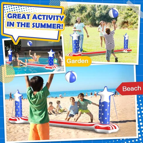 4th of July Pool Toys Games Set, 3 in 1 Inflatable Volleyball Net & Basketball Hoop, Large Water Floating Volleyball Toy Summer Party for Kids Teens Adults, American Flag 250th Anniversary in Saudi Arabia