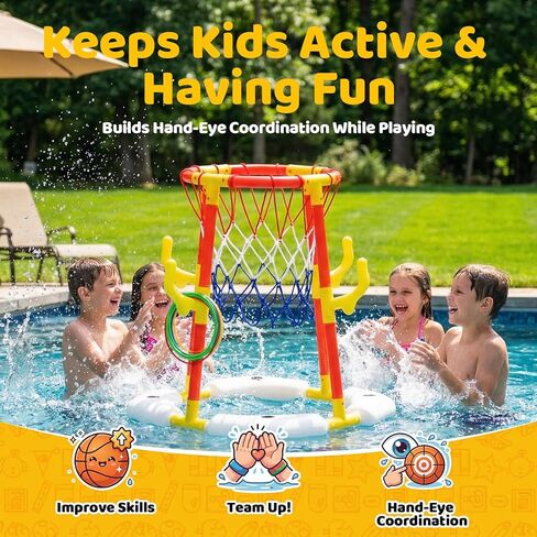 PodiuMax Pool Basketball Hoop، لعبة كرة السلة 2 في 1 ومجموعة الرمي الدائري مع 4 كرات و12 حلقة ومضخة، ألعاب حمام السباحة العائمة للأطفال الذين تتراوح أعمارهم بين 4 5 6 7 8 9 10 11 12، ألعاب حمام السباحة للفناء الخلفي وحفلات حمام السباحة in Kuwait