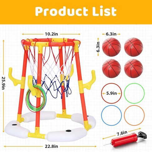 PodiuMax Pool Basketball Hoop، لعبة كرة السلة 2 في 1 ومجموعة الرمي الدائري مع 4 كرات و12 حلقة ومضخة، ألعاب حمام السباحة العائمة للأطفال الذين تتراوح أعمارهم بين 4 5 6 7 8 9 10 11 12، ألعاب حمام السباحة للفناء الخلفي وحفلات حمام السباحة in Kuwait