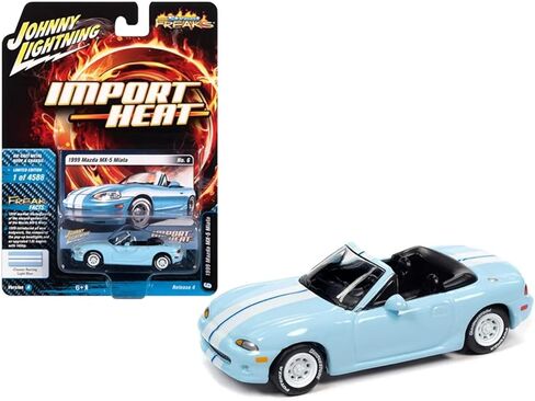 1999 مازدا MX-5 مياتا قابلة للتحويل باللون الأزرق الفاتح مع خطوط بيضاء Import Heat Ltd Ed 4588 قطعة 1/64 نموذج Diecast بواسطة Johnny Lightning JLSF018-JLSP111 A in Kuwait
