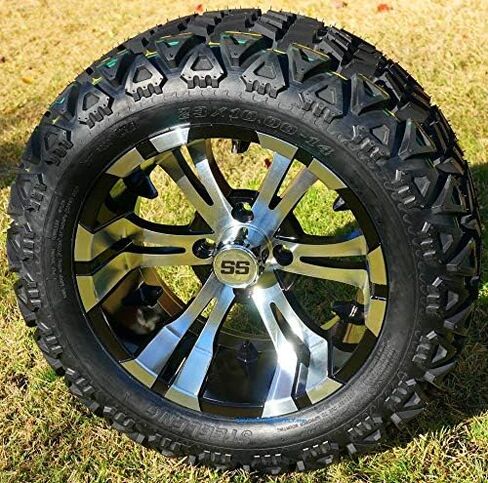 GOLF CART TIRE SUPPLY 14in VAMPIRE Machined/Black Aluminum Wheels and 23x10-14in DOT All Terrain Golf Cart Tires Combo - Set of 4 in Saudi Arabia