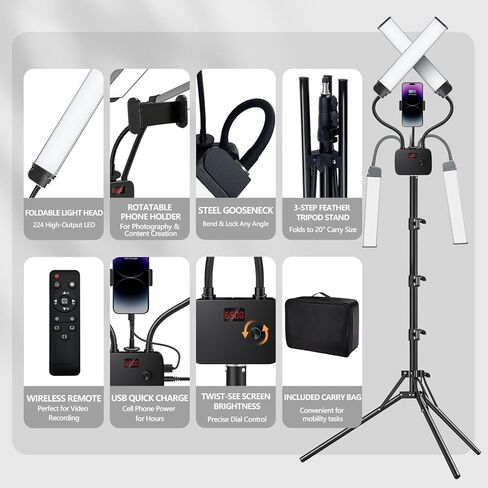 Selfie Light with 75'' Tripod Stand, Dimmable 3 Color LED Dual Arms Ring Light with Phone Holder & Carry Bag for Lash Tattoo Video Photography 45W 95CRI Tripod Floor Lamp in Saudi Arabia