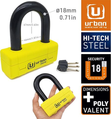 URBAN UR75 قرص دراجة نارية صغير على شكل حرف U، الأكثر صلابة لتحقيق أقصى قدر من الأمان، معتمد من SRA، قفل مزدوج من الصلب المقوى ø18، سلسلة متعددة الاستخدامات ورادع، قفل فرامل عجلة موتو مضاد للسرقة in Kuwait