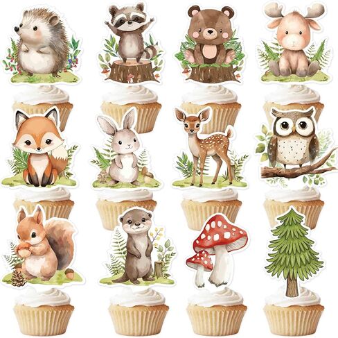 Woodland Cupcake Toppers Set (48PCS) – Forest Animal Cake Decorations, Rustic Party Dessert Picks for Baby Shower, Nature Theme Cupcake Decor - Double-Sided in Saudi Arabia