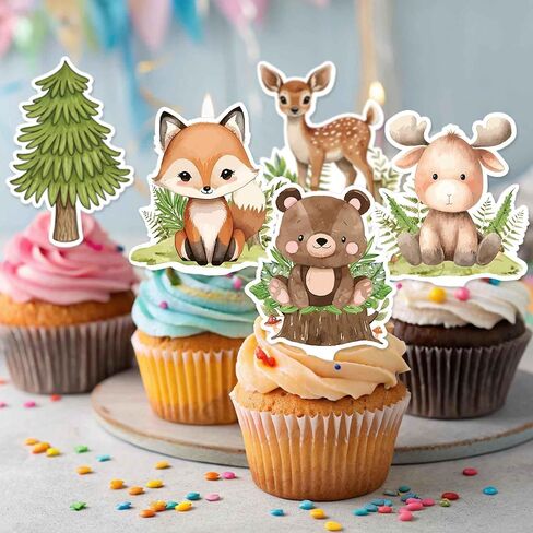 Woodland Cupcake Toppers Set (48PCS) – Forest Animal Cake Decorations, Rustic Party Dessert Picks for Baby Shower, Nature Theme Cupcake Decor - Double-Sided in Saudi Arabia