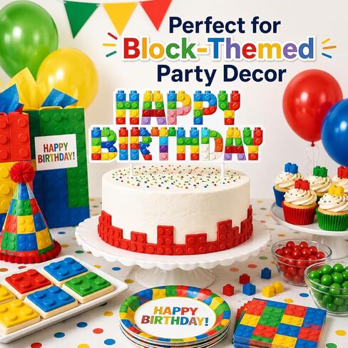 Building Block Happy Birthday Cake Topper for Boys, Colorful Brick Style Birthday Cake Decoration, Large Preassembled Birthday Cake Pick for 3 4 5 6 Year Old Boy Birthday Party Supplies in Saudi Arabia