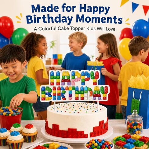 Building Block Happy Birthday Cake Topper for Boys, Colorful Brick Style Birthday Cake Decoration, Large Preassembled Birthday Cake Pick for 3 4 5 6 Year Old Boy Birthday Party Supplies in Saudi Arabia