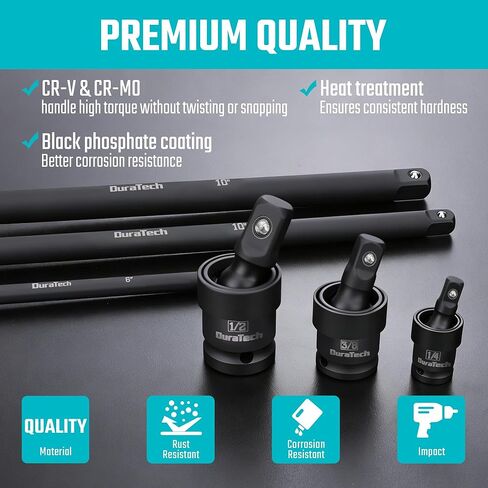 DURATECH Impact Socket Extension Set, 12-Piece, Including 1/4", 3/8" & 1/2" Drive Impact Extension Bars and Swivel Universal Joints, CR-V Steel in Kuwait