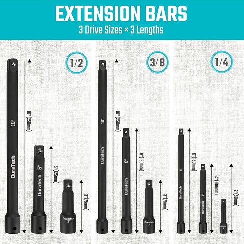 DURATECH Impact Socket Extension Set, 12-Piece, Including 1/4", 3/8" & 1/2" Drive Impact Extension Bars and Swivel Universal Joints, CR-V Steel in Kuwait