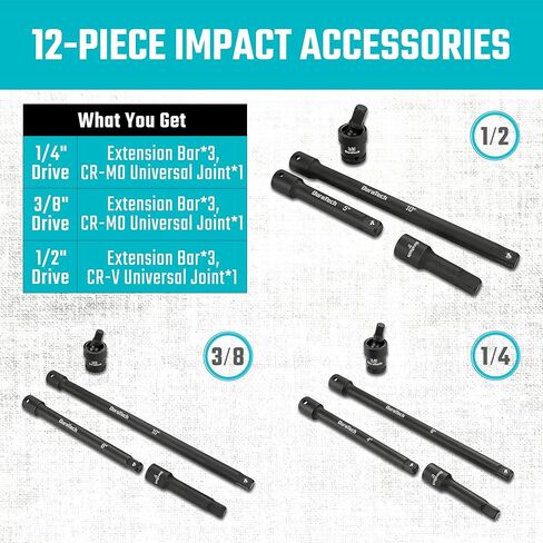 DURATECH Impact Socket Extension Set, 12-Piece, Including 1/4", 3/8" & 1/2" Drive Impact Extension Bars and Swivel Universal Joints, CR-V Steel in Kuwait