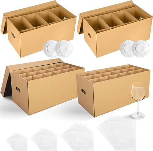 4 Sets Kitchen Moving Boxes with Handle 24 x 12 x 11 Inches Wine Glass Packing Moving Boxes Dish Saver Kit Kitchen Kit with Lid and Divider Foam Pouches for Glassware Packing Transportation in Kuwait