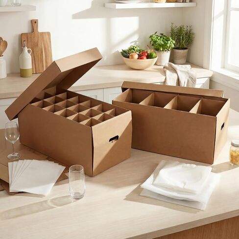 4 Sets Kitchen Moving Boxes with Handle 24 x 12 x 11 Inches Wine Glass Packing Moving Boxes Dish Saver Kit Kitchen Kit with Lid and Divider Foam Pouches for Glassware Packing Transportation in Kuwait