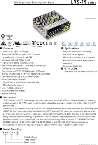 LRS-75 Series LRS-75-5 LRS-75-12 LRS-75-15 LRS-75-24 LRS-75-36 LRS-75-48 75W Single Output Power Supply(LRS-75-36) in Saudi Arabia