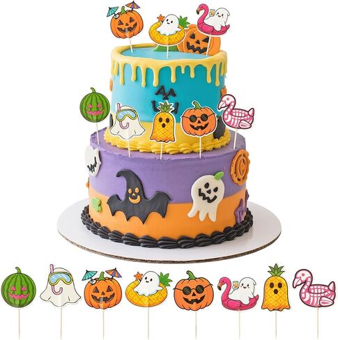 Eartim Summerween Spooky Cake Toppers - 40pcs عصبي كعكة الصيف الديكور لطيف الفاكهة فلامنغو اليقطين ليتل بو شبح كب كيك توبر لموضوع الصيف الاطفال عيد ميلاد حزب استحمام الطفل لوازم الديكور in Kuwait