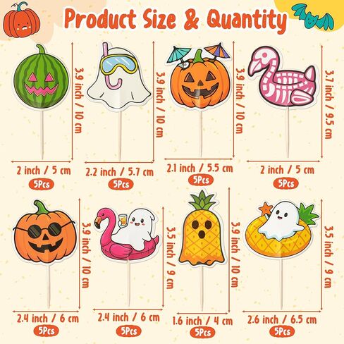 Eartim Summerween Spooky Cake Toppers - 40pcs عصبي كعكة الصيف الديكور لطيف الفاكهة فلامنغو اليقطين ليتل بو شبح كب كيك توبر لموضوع الصيف الاطفال عيد ميلاد حزب استحمام الطفل لوازم الديكور in Kuwait