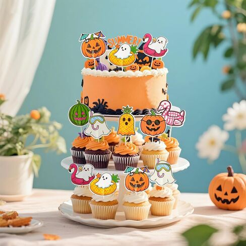 Eartim Summerween Spooky Cake Toppers - 40pcs عصبي كعكة الصيف الديكور لطيف الفاكهة فلامنغو اليقطين ليتل بو شبح كب كيك توبر لموضوع الصيف الاطفال عيد ميلاد حزب استحمام الطفل لوازم الديكور in Kuwait