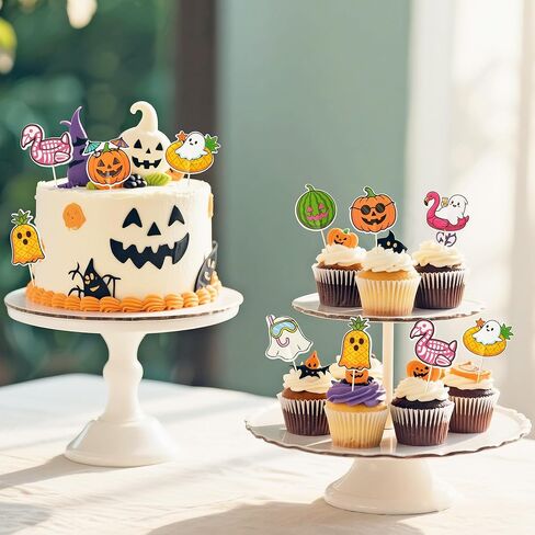 Eartim Summerween Spooky Cake Toppers - 40pcs عصبي كعكة الصيف الديكور لطيف الفاكهة فلامنغو اليقطين ليتل بو شبح كب كيك توبر لموضوع الصيف الاطفال عيد ميلاد حزب استحمام الطفل لوازم الديكور in Kuwait