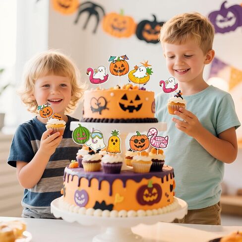 Eartim Summerween Spooky Cake Toppers - 40pcs عصبي كعكة الصيف الديكور لطيف الفاكهة فلامنغو اليقطين ليتل بو شبح كب كيك توبر لموضوع الصيف الاطفال عيد ميلاد حزب استحمام الطفل لوازم الديكور in Kuwait