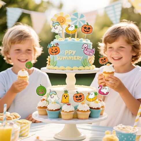 Eartim Summerween Spooky Cake Toppers - 40pcs عصبي كعكة الصيف الديكور لطيف الفاكهة فلامنغو اليقطين ليتل بو شبح كب كيك توبر لموضوع الصيف الاطفال عيد ميلاد حزب استحمام الطفل لوازم الديكور in Kuwait