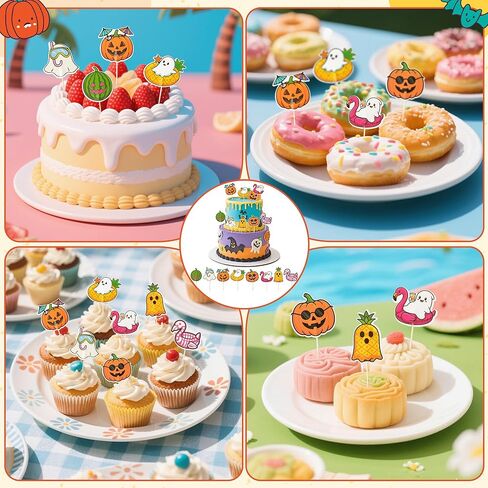 Eartim Summerween Spooky Cake Toppers - 40pcs عصبي كعكة الصيف الديكور لطيف الفاكهة فلامنغو اليقطين ليتل بو شبح كب كيك توبر لموضوع الصيف الاطفال عيد ميلاد حزب استحمام الطفل لوازم الديكور in Kuwait
